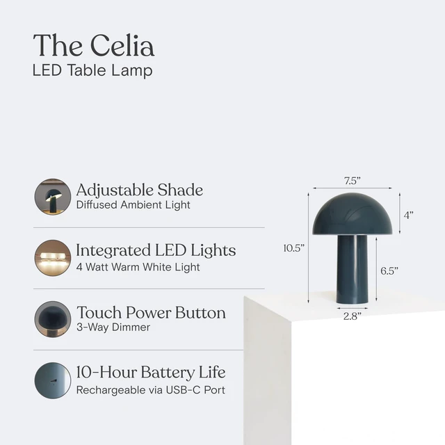 Alt view image 4 of 7 - Celia Small Table Lamp 10" Touch-Controlled Mushroom Accent Lamp, Cordless & Dimmable LED, Portable Bedside Night Light, Sustainable Light, Recycled Modern Patio Lamp for Home Décor Teal