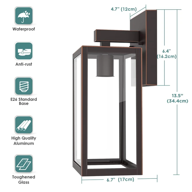 Alt view image 2 of 7 - Outdoor Wall Light Fixture, Exterior Waterproof Wall Lantern Porch Wall Sconce Large Oil Rubbed Bronze, Anti-Rust, E26 Socket, Clear Glass, Outside Wall Mount Light, Front Door Lighting