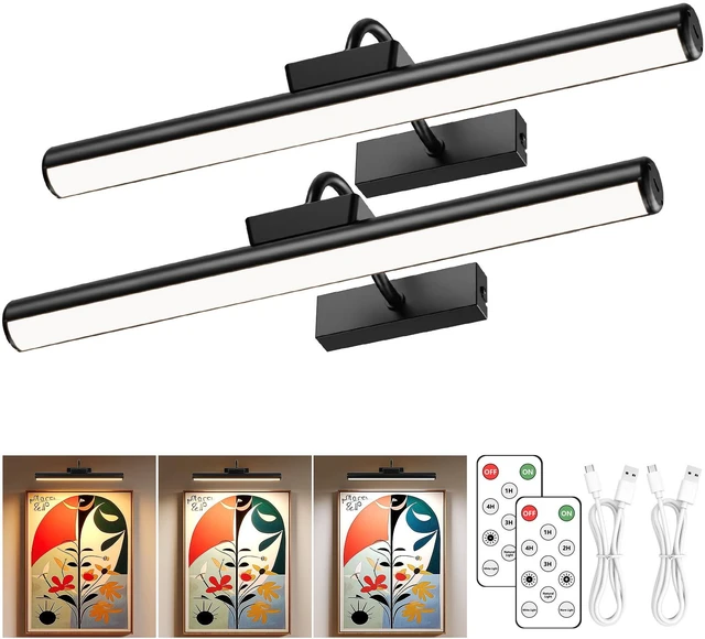 Main image of 16" Wireless Picture Lights for Wall, Rechargeable Art Light, 2Pack Black Aluminum Photo Frame Light, Remote & Touch Control, 5000mAh Battery, 3 Color Temp, Dimmable, Magnetic Gallery Painting Light