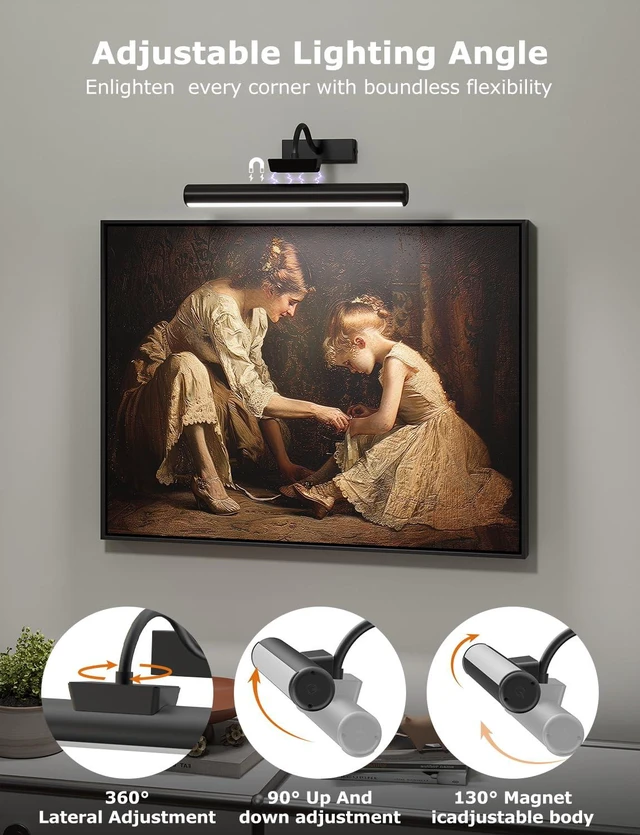 Alt view image 3 of 6 - 13" Wireless Picture Lights for Wall, Rechargeable Art Light, 2Pack Black Aluminum Photo Frame Light, Remote & Touch Control, 5000mAh Battery, 3 Color Temp, Dimmable, Magnetic Gallery Painting Light