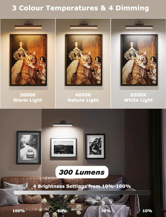 Alt view image 2 of 6 - 13" Wireless Picture Lights for Wall, Rechargeable Art Light, 2Pack Black Aluminum Photo Frame Light, Remote & Touch Control, 5000mAh Battery, 3 Color Temp, Dimmable, Magnetic Gallery Painting Light