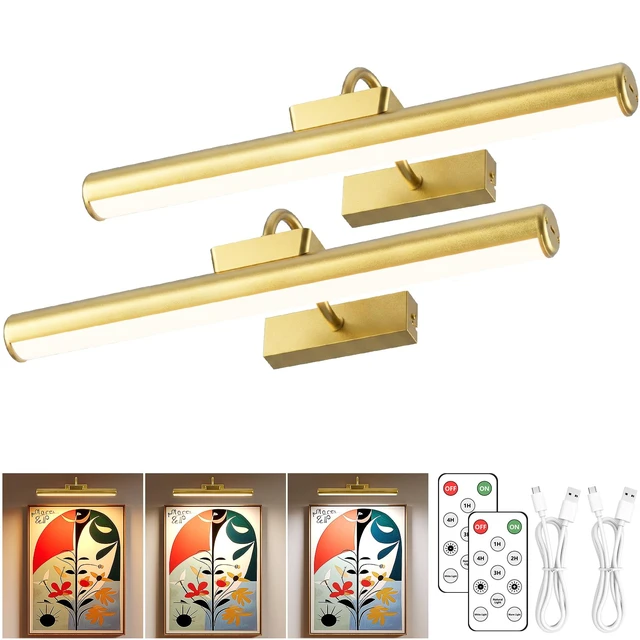 Main image of 16" Wireless Picture Lights for Wall, Rechargeable Art Light, 2Pack Gold Aluminum Photo Frame Light, Remote & Touch Control, 5000mAh Battery, 3 Color Temp, Dimmable, Magnetic Gallery Painting Light