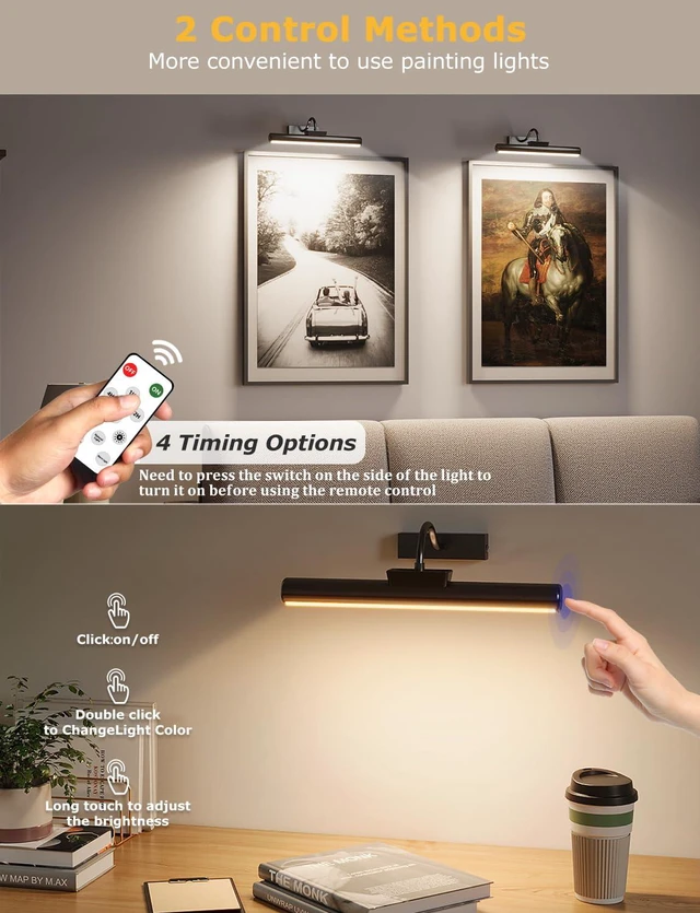 Alt view image 4 of 6 - 13" Wireless Picture Lights for Wall, Rechargeable Art Light, 2Pack Black Aluminum Photo Frame Light, Remote & Touch Control, 5000mAh Battery, 3 Color Temp, Dimmable, Magnetic Gallery Painting Light
