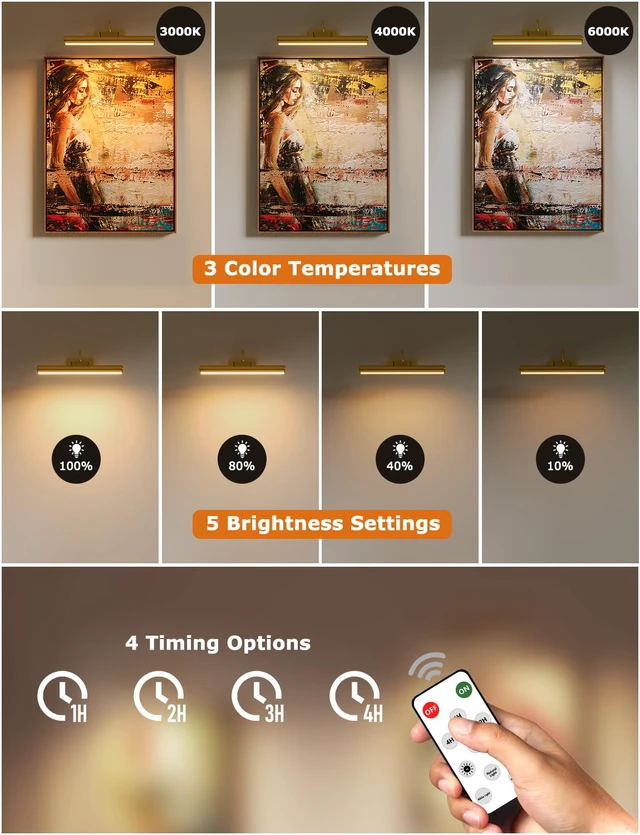 Alt view image 2 of 7 - 16" Wireless Picture Lights for Wall, Rechargeable Art Light, 2Pack Gold Aluminum Photo Frame Light, Remote & Touch Control, 5000mAh Battery, 3 Color Temp, Dimmable, Magnetic Gallery Painting Light