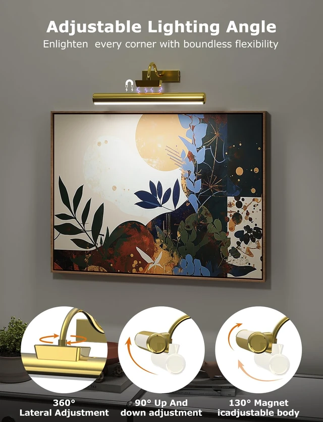Alt view image 3 of 7 - 16" Wireless Picture Lights for Wall, Rechargeable Art Light, 2Pack Gold Aluminum Photo Frame Light, Remote & Touch Control, 5000mAh Battery, 3 Color Temp, Dimmable, Magnetic Gallery Painting Light