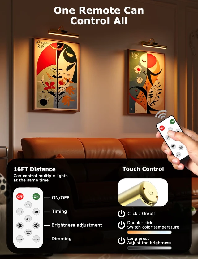 Alt view image 4 of 7 - 16" Wireless Picture Lights for Wall, Rechargeable Art Light, 2Pack Gold Aluminum Photo Frame Light, Remote & Touch Control, 5000mAh Battery, 3 Color Temp, Dimmable, Magnetic Gallery Painting Light