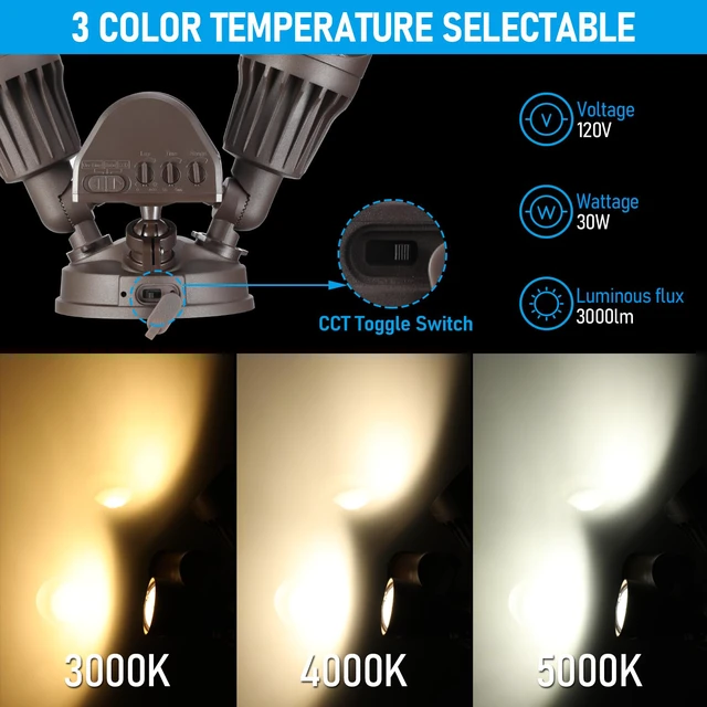 Alt view image 2 of 7 - 3CCT Motion Sensor Security Lights Dusk to Dawn IP65 Bronze LED Motion Detector Flood Light Outdoor, 3000K4000K5000K Selectable, ETL Listed, Adjustable Heads, Aluminum, Waterproof