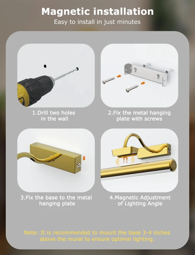 Alt view image 7 of 7 - 16" Wireless Picture Lights for Wall, Rechargeable Art Light, 2Pack Gold Aluminum Photo Frame Light, Remote & Touch Control, 5000mAh Battery, 3 Color Temp, Dimmable, Magnetic Gallery Painting Light