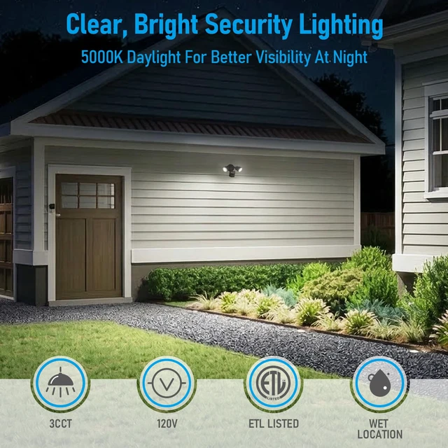 Alt view image 5 of 7 - 3CCT Motion Sensor Security Lights Dusk to Dawn IP65 Bronze LED Motion Detector Flood Light Outdoor, 3000K4000K5000K Selectable, ETL Listed, Adjustable Heads, Aluminum, Waterproof