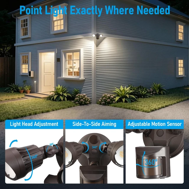 Alt view image 6 of 7 - 3CCT Motion Sensor Security Lights Dusk to Dawn IP65 Bronze LED Motion Detector Flood Light Outdoor, 3000K4000K5000K Selectable, ETL Listed, Adjustable Heads, Aluminum, Waterproof