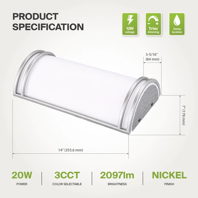 Alt view image 7 of 7 - Indoor LED Wall Sconce Lights, Brushed Nickel 3000/4000/5000K ETL 14 Inch 20W Dimmable LED Wall Sconces Hardwired, Modern Wall Sconce Light Fixture for Bedroom, Bathroom, Hallway Decor, ETL