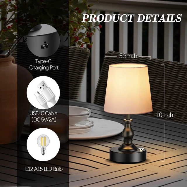 Alt view image 5 of 7 - Mini Cordless LED Table Lamp, 5200mAh Rechargeable Battery Operated Lamp, 3-Level Brightness, Touch Dimmable Desk Lamp, Bedside Night Light for Patio Camping Restaurant Home, Matte Black