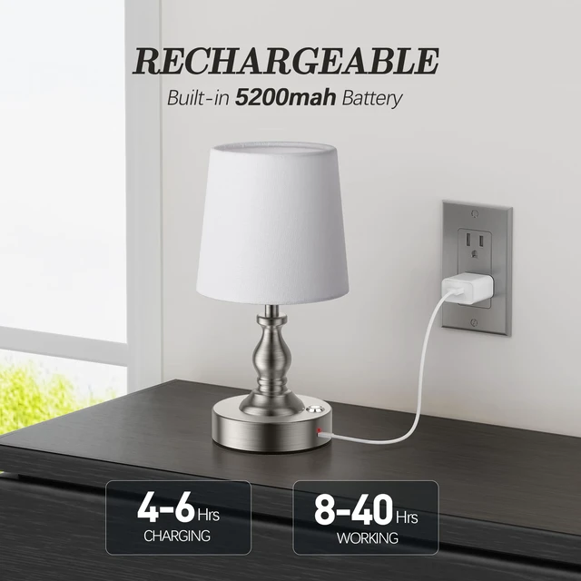 Alt view image 3 of 7 - Mini Cordless LED Table Lamp, 5200mAh Rechargeable Battery Operated Lamp, 3-Level Brightness, Touch Dimmable Desk Lamp, Bedside Night Light for Patio Camping Restaurant Home, Brushed Nickel