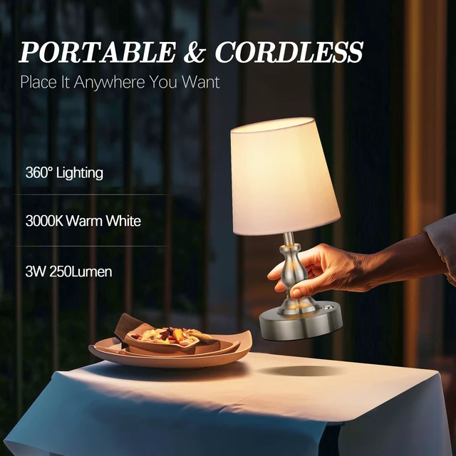 Alt view image 4 of 7 - Mini Cordless LED Table Lamp, 5200mAh Rechargeable Battery Operated Lamp, 3-Level Brightness, Touch Dimmable Desk Lamp, Bedside Night Light for Patio Camping Restaurant Home, Brushed Nickel