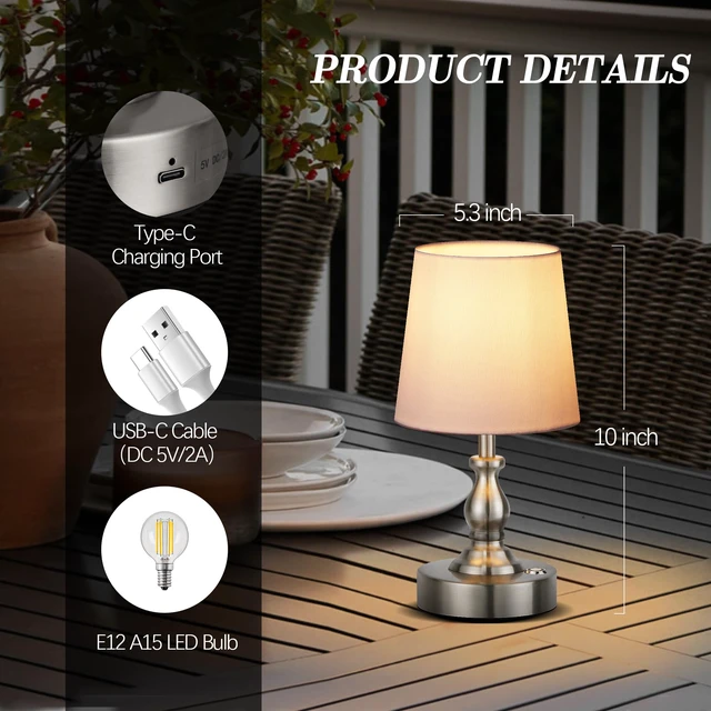 Alt view image 5 of 7 - Mini Cordless LED Table Lamp, 5200mAh Rechargeable Battery Operated Lamp, 3-Level Brightness, Touch Dimmable Desk Lamp, Bedside Night Light for Patio Camping Restaurant Home, Brushed Nickel