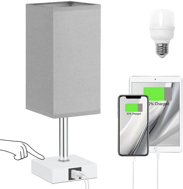 Main image of Touch Table Lamp for Bedroom - Dimmable, USB C+A, Grey Lamphade White Base 3-Way Dimmable, 3000K LED Bulb Included, Square Lampshade, Cute Room Decor for Teen Girls, Kids, Small Lamp for Dorm, Nursery