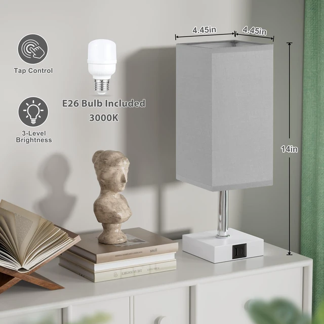 Alt view image 2 of 6 - Touch Table Lamp for Bedroom - Dimmable, USB C+A, Grey Lamphade White Base 3-Way Dimmable, 3000K LED Bulb Included, Square Lampshade, Cute Room Decor for Teen Girls, Kids, Small Lamp for Dorm, Nursery