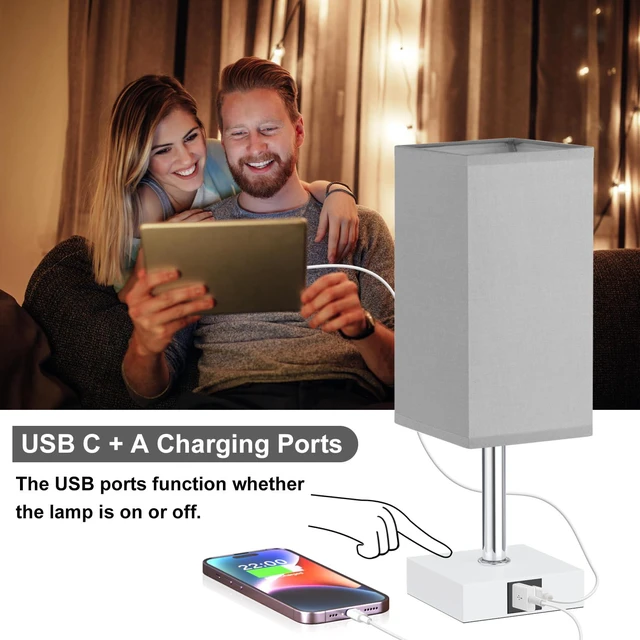 Alt view image 3 of 6 - Touch Table Lamp for Bedroom - Dimmable, USB C+A, Grey Lamphade White Base 3-Way Dimmable, 3000K LED Bulb Included, Square Lampshade, Cute Room Decor for Teen Girls, Kids, Small Lamp for Dorm, Nursery