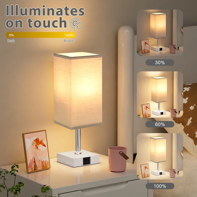 Alt view image 4 of 6 - Touch Table Lamp for Bedroom - Dimmable, USB C+A, Grey Lamphade White Base 3-Way Dimmable, 3000K LED Bulb Included, Square Lampshade, Cute Room Decor for Teen Girls, Kids, Small Lamp for Dorm, Nursery