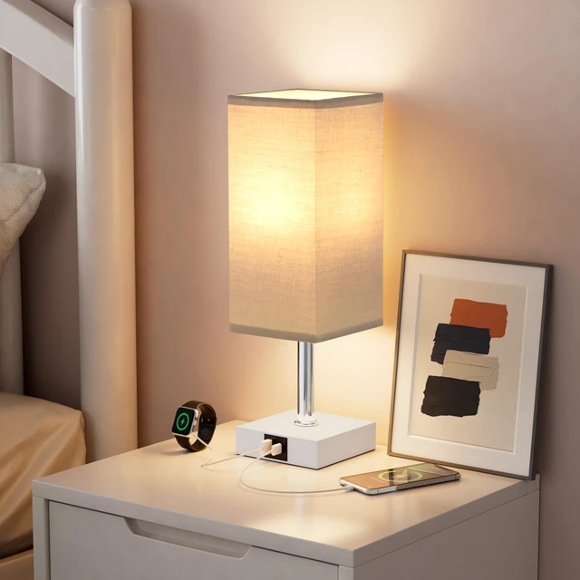Alt view image 6 of 6 - Touch Table Lamp for Bedroom - Dimmable, USB C+A, Grey Lamphade White Base 3-Way Dimmable, 3000K LED Bulb Included, Square Lampshade, Cute Room Decor for Teen Girls, Kids, Small Lamp for Dorm, Nursery