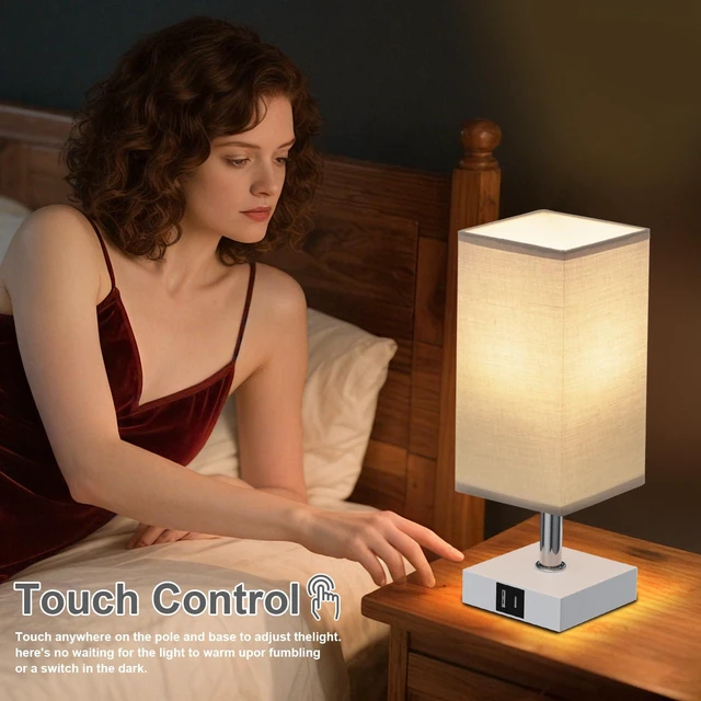 Alt view image 5 of 6 - Touch Table Lamp for Bedroom - Dimmable, USB C+A, Grey Lamphade White Base 3-Way Dimmable, 3000K LED Bulb Included, Square Lampshade, Cute Room Decor for Teen Girls, Kids, Small Lamp for Dorm, Nursery