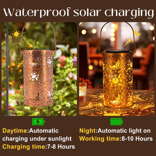 Alt view image 3 of 7 - Birthday Gifts for Women Mom Grandma Wife, Solar Lanterns Outdoor Waterproof, Metal Hanging Lights Garden Decor, LED Decorative Lantern for Patio Porch Backyard, Sun and Moon, 1 Pack