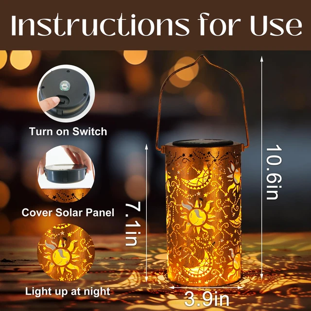 Alt view image 4 of 7 - Birthday Gifts for Women Mom Grandma Wife, Solar Lanterns Outdoor Waterproof, Metal Hanging Lights Garden Decor, LED Decorative Lantern for Patio Porch Backyard, Sun and Moon, 1 Pack