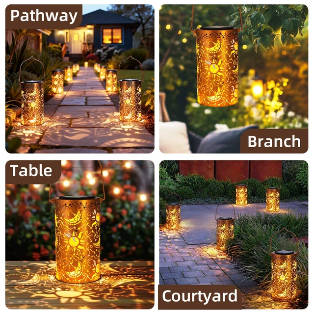 Alt view image 6 of 7 - Birthday Gifts for Women Mom Grandma Wife, Solar Lanterns Outdoor Waterproof, Metal Hanging Lights Garden Decor, LED Decorative Lantern for Patio Porch Backyard, Sun and Moon, 1 Pack
