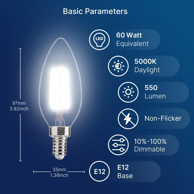Alt view image 2 of 7 - 5000K Daylight 60W Equivalent Dimmable LED Candelabra Bulbs, B11 LED E12 Base Chandelier Light Bulbs, 550LM, CRI90, 12 Pack