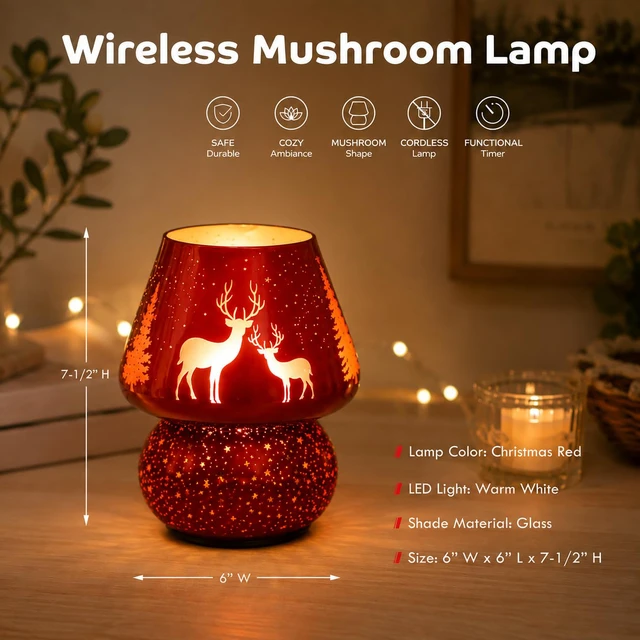 Alt view image 2 of 7 - Christmas Battery Operated Mushroom Lamp - Vintage Small Table Lamp with Timer, Cordless Bedside Nightstand Lamp, Glass Battery Powered Lamp for Bedroom Kitchen Living Room Decor Aesthetic