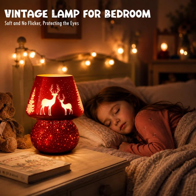 Alt view image 3 of 7 - Christmas Battery Operated Mushroom Lamp - Vintage Small Table Lamp with Timer, Cordless Bedside Nightstand Lamp, Glass Battery Powered Lamp for Bedroom Kitchen Living Room Decor Aesthetic