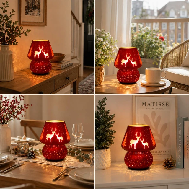 Alt view image 5 of 7 - Christmas Battery Operated Mushroom Lamp - Vintage Small Table Lamp with Timer, Cordless Bedside Nightstand Lamp, Glass Battery Powered Lamp for Bedroom Kitchen Living Room Decor Aesthetic
