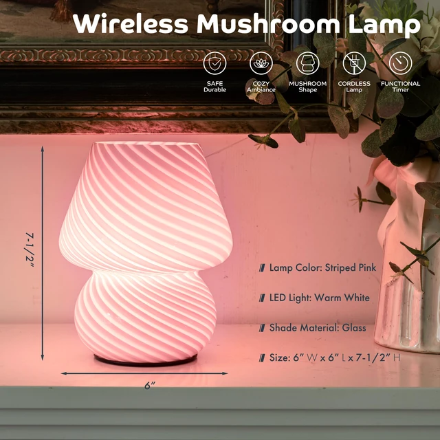 Alt view image 2 of 7 - Battery Operated Mushroom Lamp - Vintage Small Table Lamp With Timer, Cordless Bedside Nightstand, Glass Battery Powered for Bedroom Kitchen Living Room Shelf Decor Aesthetic Pink