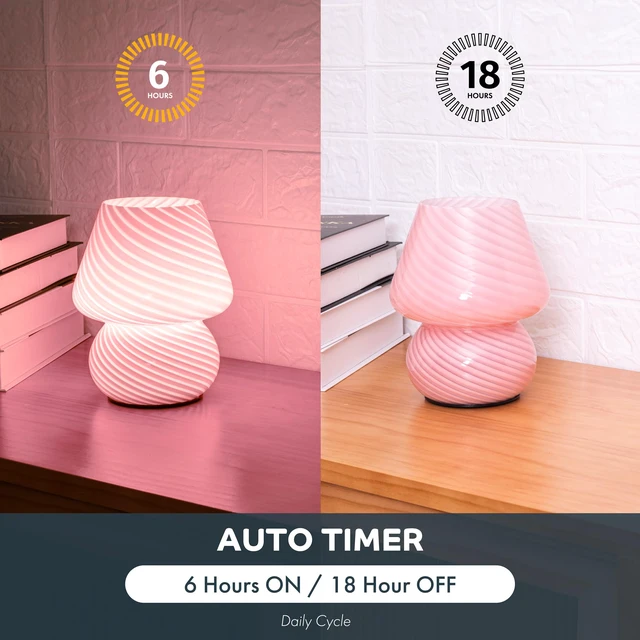 Alt view image 4 of 7 - Battery Operated Mushroom Lamp - Vintage Small Table Lamp With Timer, Cordless Bedside Nightstand, Glass Battery Powered for Bedroom Kitchen Living Room Shelf Decor Aesthetic Pink
