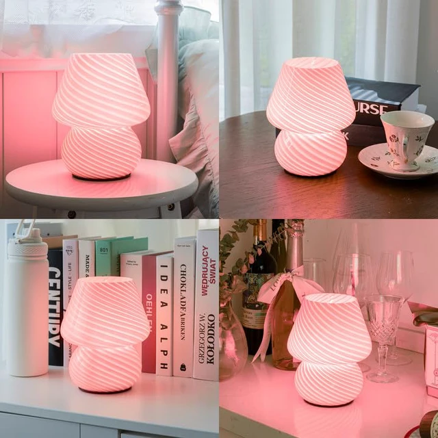 Alt view image 7 of 7 - Battery Operated Mushroom Lamp - Vintage Small Table Lamp With Timer, Cordless Bedside Nightstand, Glass Battery Powered for Bedroom Kitchen Living Room Shelf Decor Aesthetic Pink