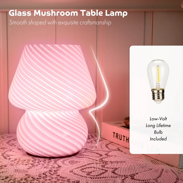 Alt view image 6 of 7 - Battery Operated Mushroom Lamp - Vintage Small Table Lamp With Timer, Cordless Bedside Nightstand, Glass Battery Powered for Bedroom Kitchen Living Room Shelf Decor Aesthetic Pink