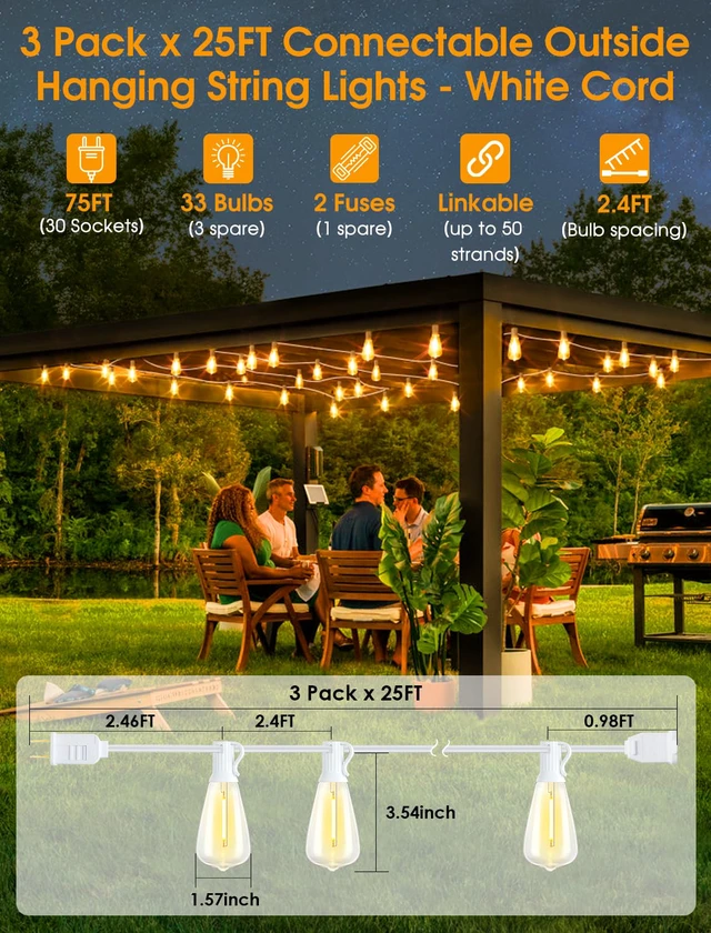 Alt view image 2 of 6 - 75FT(3x25FT) Outdoor String Lights, Patio Lights with 30+3 LED Dimmable Waterproof Connectable ST38 Bulbs for Gazebo Backyard Christmas, White