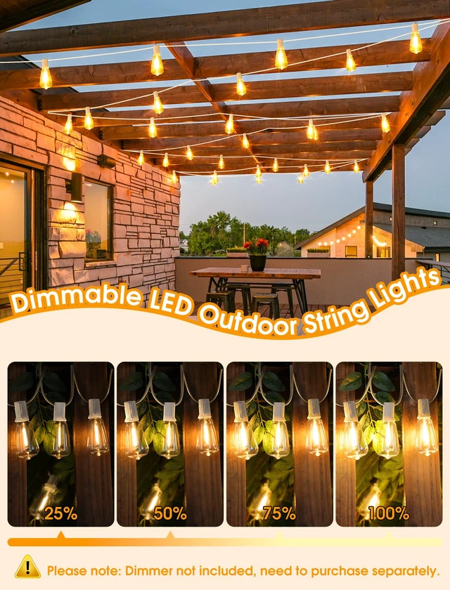 Alt view image 3 of 5 - 50FT(2x25FT) Outdoor String Lights, Patio Lights with 20+2 LED Dimmable Waterproof ST38 Vintage Bulbs for Wedding Garden Party Decor, White