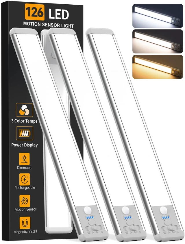 Main image of Under Cabinet Lighting Wireless, 15inch Motion Sensor Light Indoor, 3Pack Rechargeable, 3 Color Temps, Dimmable, Power Display, LED Closet Light Magnetic, Under Counter Lights for Kitchen Shelf Home
