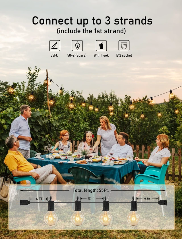 Alt view image 6 of 7 - Outdoor String Lights 55FT Patio Lights with 50 Edison Glass Bulb IP65 Waterproof, Dimmable, Connectable Outside Light for Backyard Porch Balcony Party Christmas Decoration, Warm White