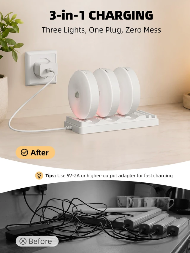 Alt view image 6 of 7 - RGB Puck Lights with Charging Station, Motion Sensor Cabinet Lights 6-Pack with Remote, Rechargeable, Wireless, 3 Color Temps, 12 RGB Colors, Magnetic, Dimmable, for Counter, Closet, Shelf