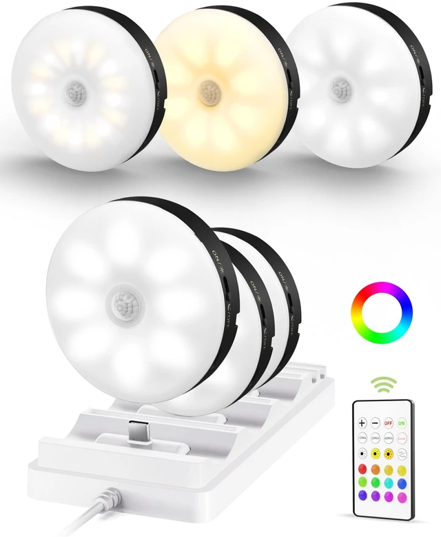 Main image of RGB Puck Lights with Charging Station, Motion Sensor Cabinet Lights Matte Black, 6-Pack with Remote, Rechargeable, Wireless, 3 Color Temps, 12 RGB Colors, Magnetic, Dimmable, for Counter, Shelf