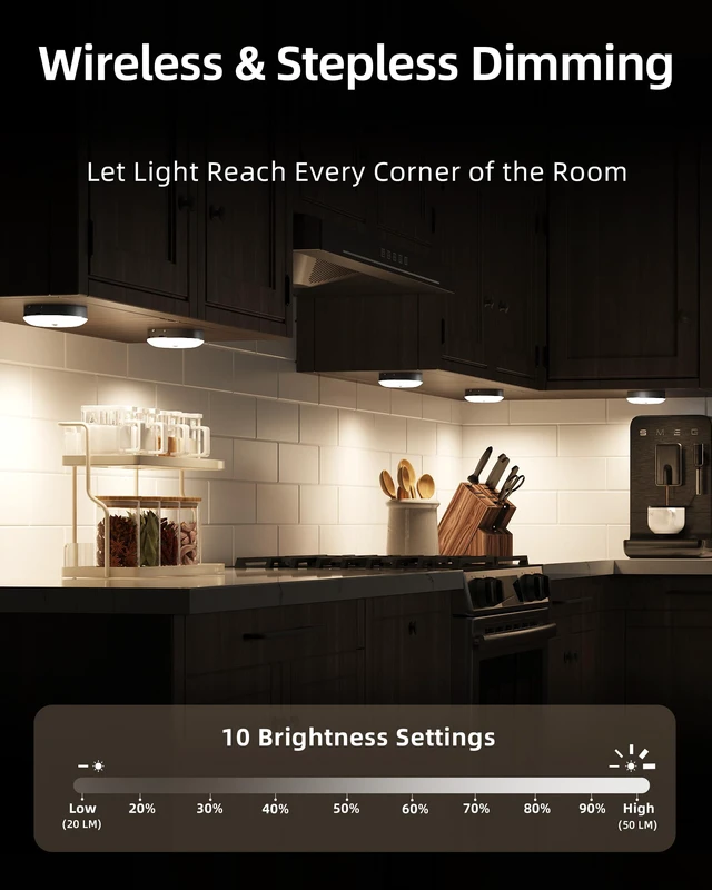 Alt view image 3 of 7 - RGB Puck Lights with Charging Station, Motion Sensor Cabinet Lights Matte Black, 6-Pack with Remote, Rechargeable, Wireless, 3 Color Temps, 12 RGB Colors, Magnetic, Dimmable, for Counter, Shelf