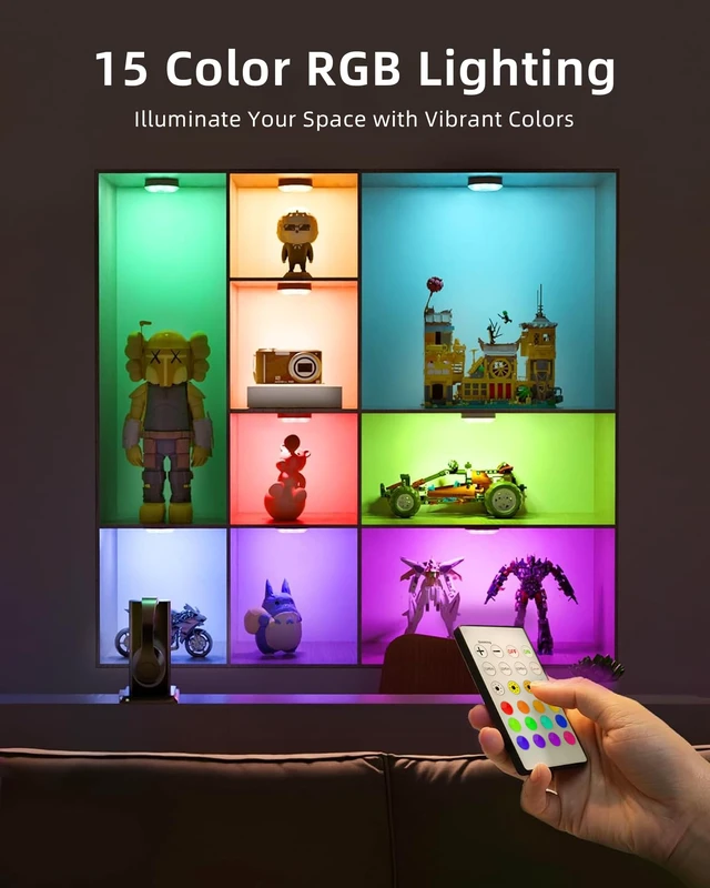 Alt view image 4 of 7 - RGB Puck Lights with Charging Station, Motion Sensor Cabinet Lights Matte Black, 6-Pack with Remote, Rechargeable, Wireless, 3 Color Temps, 12 RGB Colors, Magnetic, Dimmable, for Counter, Shelf
