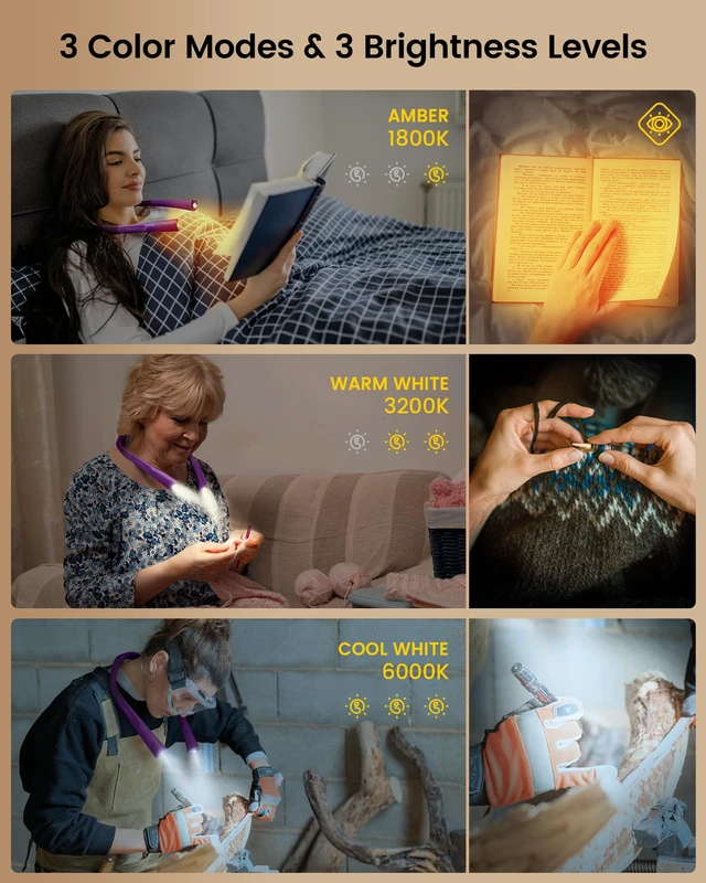 Alt view image 3 of 6 - Upgraded LED Neck Reading Light, Book Light for Reading in Bed 30-min Timer, 3 Colors & 3 Brightness, Rechargeable, Eye-Caring Perfect for Women, Knitting,Crocheting, Repairing,Christmas