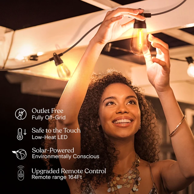 Alt view image 6 of 7 - Ambience Pro Super Bright Solar - 48Ft Remote Control Outdoor String Lights with 15 Shatterproof S14 Bulbs, Commercial Grade LED, Waterproof Patio Lights, 4W Soft White for Patios, Gardens