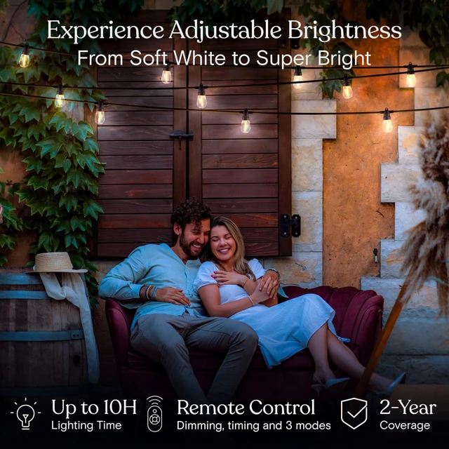Alt view image 7 of 7 - Ambience Pro Super Bright Solar - 48Ft Remote Control Outdoor String Lights with 15 Shatterproof S14 Bulbs, Commercial Grade LED, Waterproof Patio Lights, 4W Soft White for Patios, Gardens