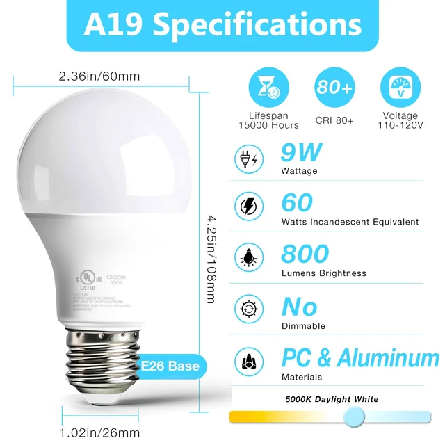 Alt view image 2 of 6 - 12 Pack LED Bulbs Natural White 4000K, 60 Watt Equivalent A19 Standard Bulbs, E26 Base, 800 LM, Efficient 9W Energy Saving, Non-Dimmable, 80+ CRI, 120V, UL Listed, for Living Room, Office