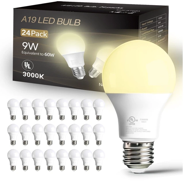 Main image of 24 Pack A19 LED Bulbs,9W Equivalent 60 Watts,E26 Base, Warm White 3000K,800 LM,Non-Dimmable,Efficient Energy Saving Lights for Living Room,Office,80+ CRI,120V, UL Listed