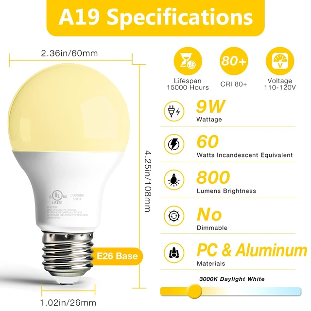 Alt view image 2 of 7 - 24 Pack A19 LED Bulbs,9W Equivalent 60 Watts,E26 Base, Warm White 3000K,800 LM,Non-Dimmable,Efficient Energy Saving Lights for Living Room,Office,80+ CRI,120V, UL Listed